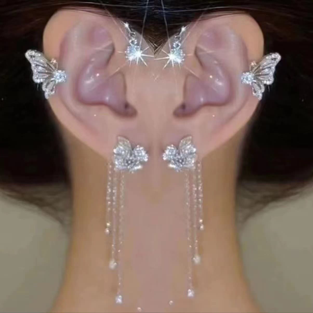 Cross-border hot-selling new long tassel non-pierced ear hooks super flash niche elf butterfly ear clip light luxury diamond earrings 4