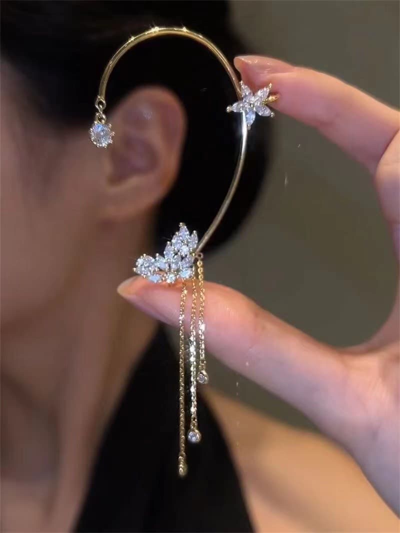 Cross-border hot-selling new long tassel non-pierced ear hooks super flash niche elf butterfly ear clip light luxury diamond earrings 10