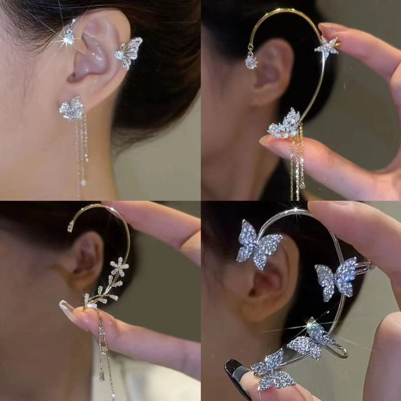 Cross-border hot-selling new long tassel non-pierced ear hooks super flash niche elf butterfly ear clip light luxury diamond earrings 1