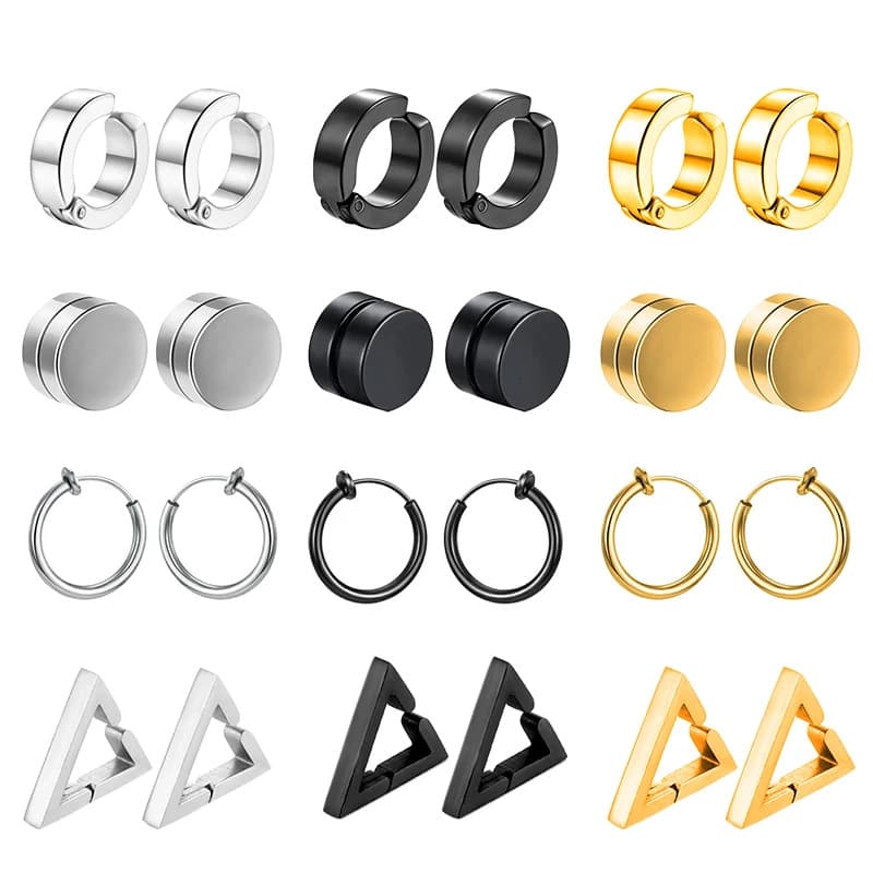 Cross-border 12 pairs of stainless steel pierced earrings triangle coil ear buckle magnet round cake combination set AliExpress 1