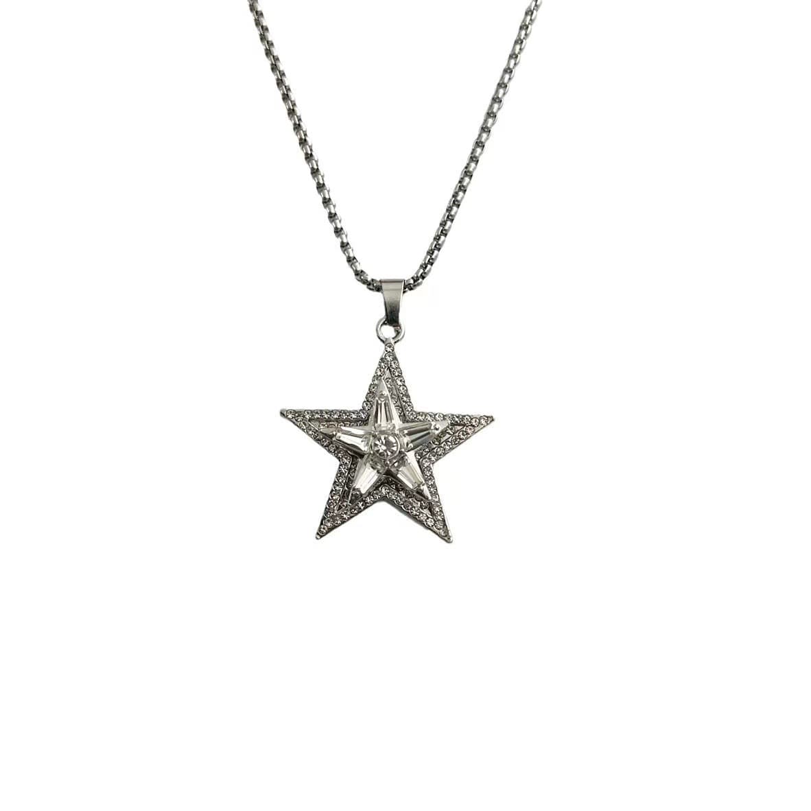 New rotating five-pointed star necklace full of diamond alloy pendant European and American street fashion personality popular jewelry sweater chain 6