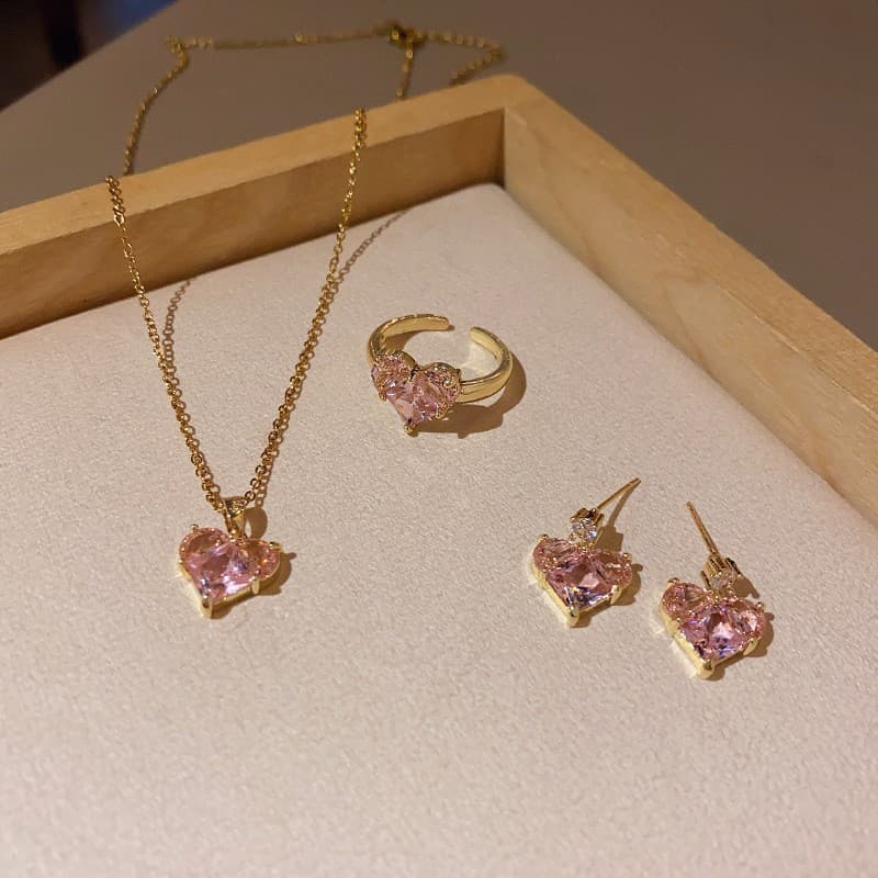 Korean version of light luxury niche pink love three-piece jewelry set for women ins earrings necklace ring jewelry set wholesale 2