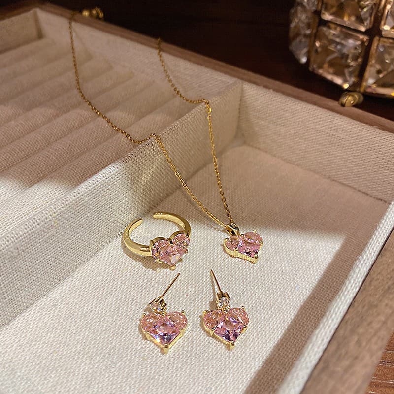 Korean version of light luxury niche pink love three-piece jewelry set for women ins earrings necklace ring jewelry set wholesale 3