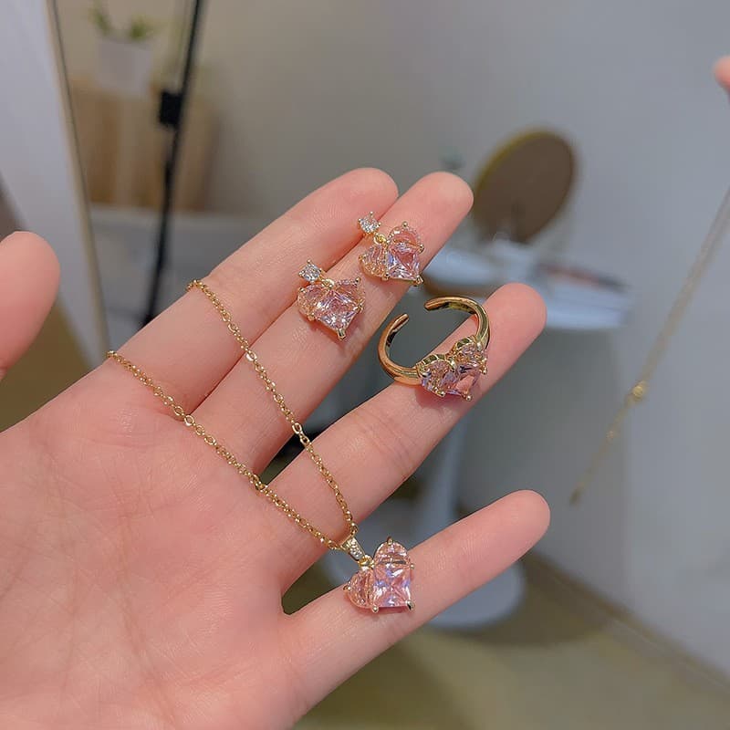 Korean version of light luxury niche pink love three-piece jewelry set for women ins earrings necklace ring jewelry set wholesale 4