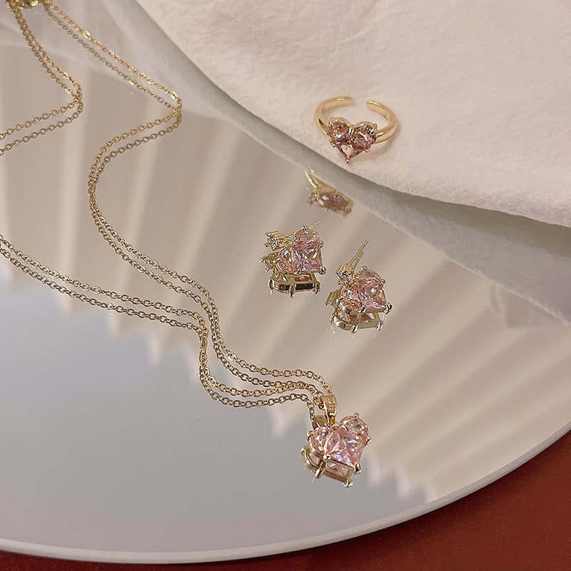 Korean version of light luxury niche pink love three-piece jewelry set for women ins earrings necklace ring jewelry set wholesale 5