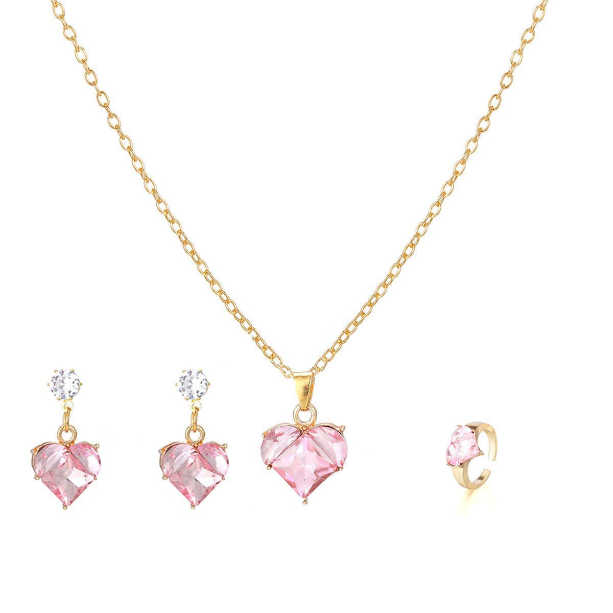 Korean version of light luxury niche pink love three-piece jewelry set for women ins earrings necklace ring jewelry set wholesale 6