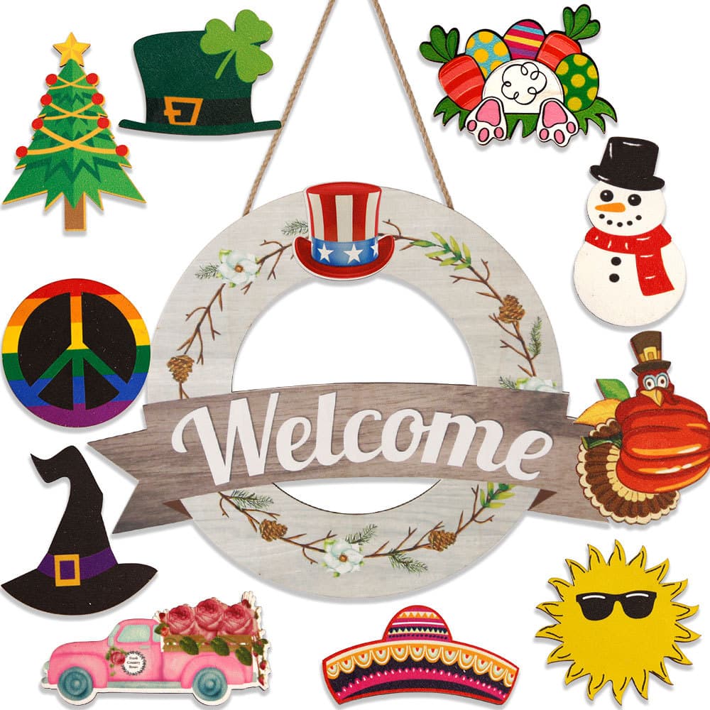 Christmas Party Seasonal Replaceable Welcome Wooden Sign Home Decoration Door Sign Multi-Festival Elements Wooden Hanging Sign 6