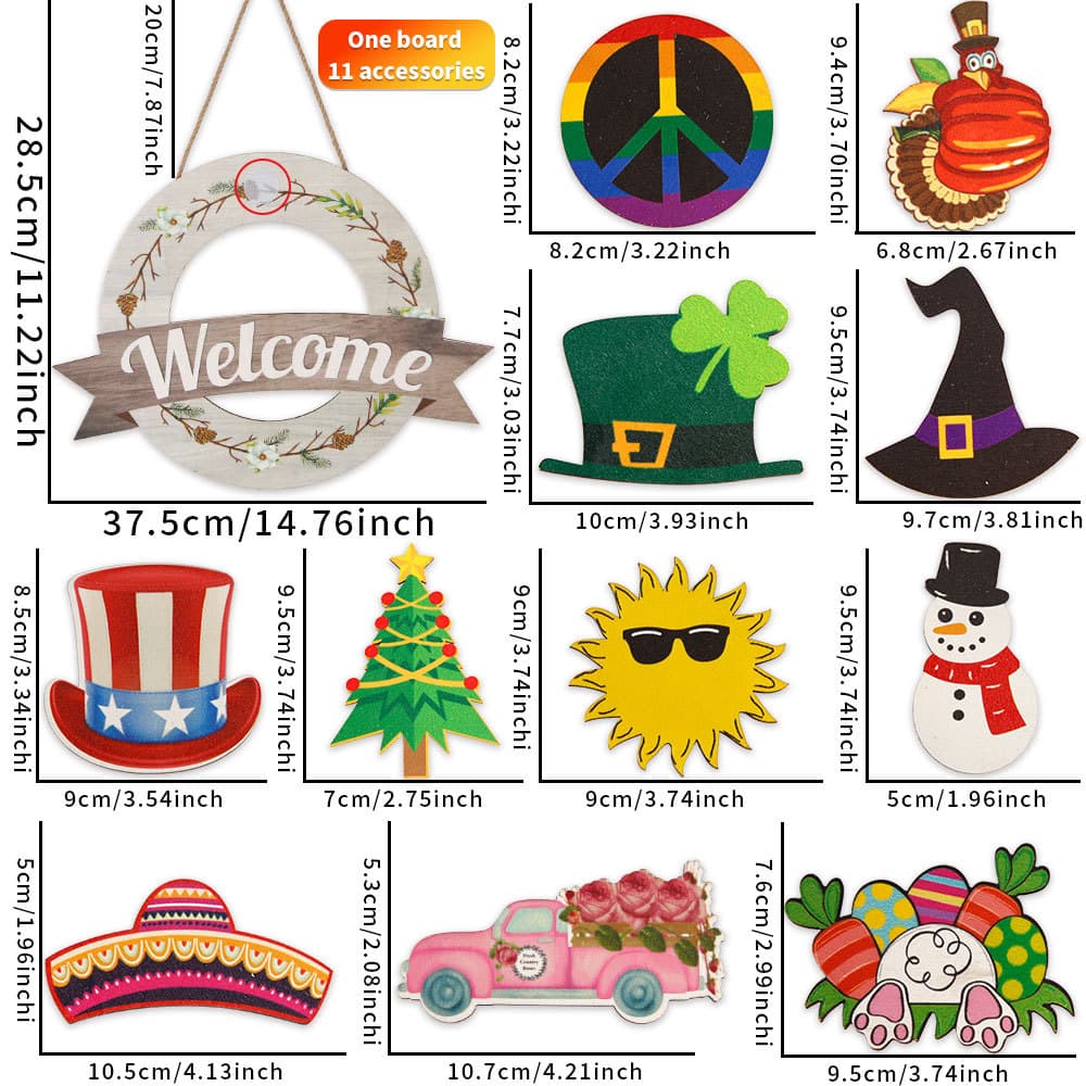Christmas Party Seasonal Replaceable Welcome Wooden Sign Home Decoration Door Sign Multi-Festival Elements Wooden Hanging Sign 7