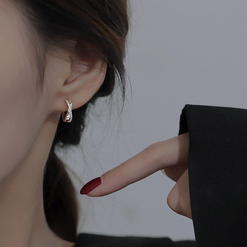 925 sterling silver diamond-encrusted cross earrings, trendy Hong Kong style, light luxury, high-end, simple and versatile, diamond-encrusted geometric circle earrings