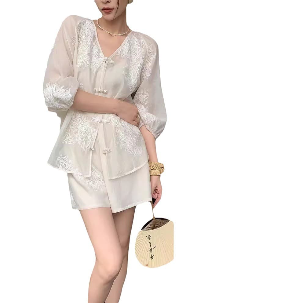 New Chinese style national style fashion temperament two-piece suit for women summer new embroidered top skirt wide leg shorts trendy 6