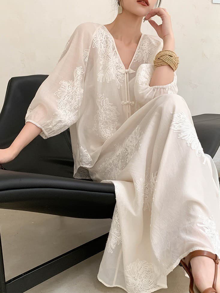 New Chinese style national style fashion temperament two-piece suit for women summer new embroidered top skirt wide leg shorts trendy 7