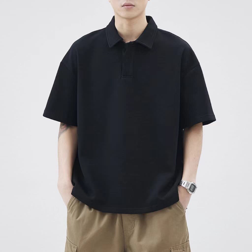 Summer men's waffle lapel short-sleeved POLO shirt loose casual solid color T-shirt top shirt half-sleeved shirt 2