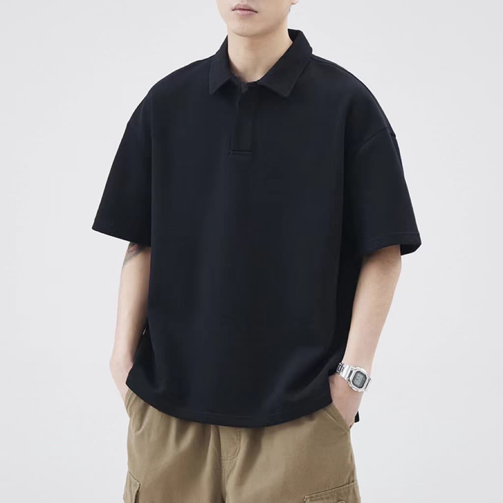 Summer men's waffle lapel short-sleeved POLO shirt loose casual solid color T-shirt top shirt half-sleeved shirt 5