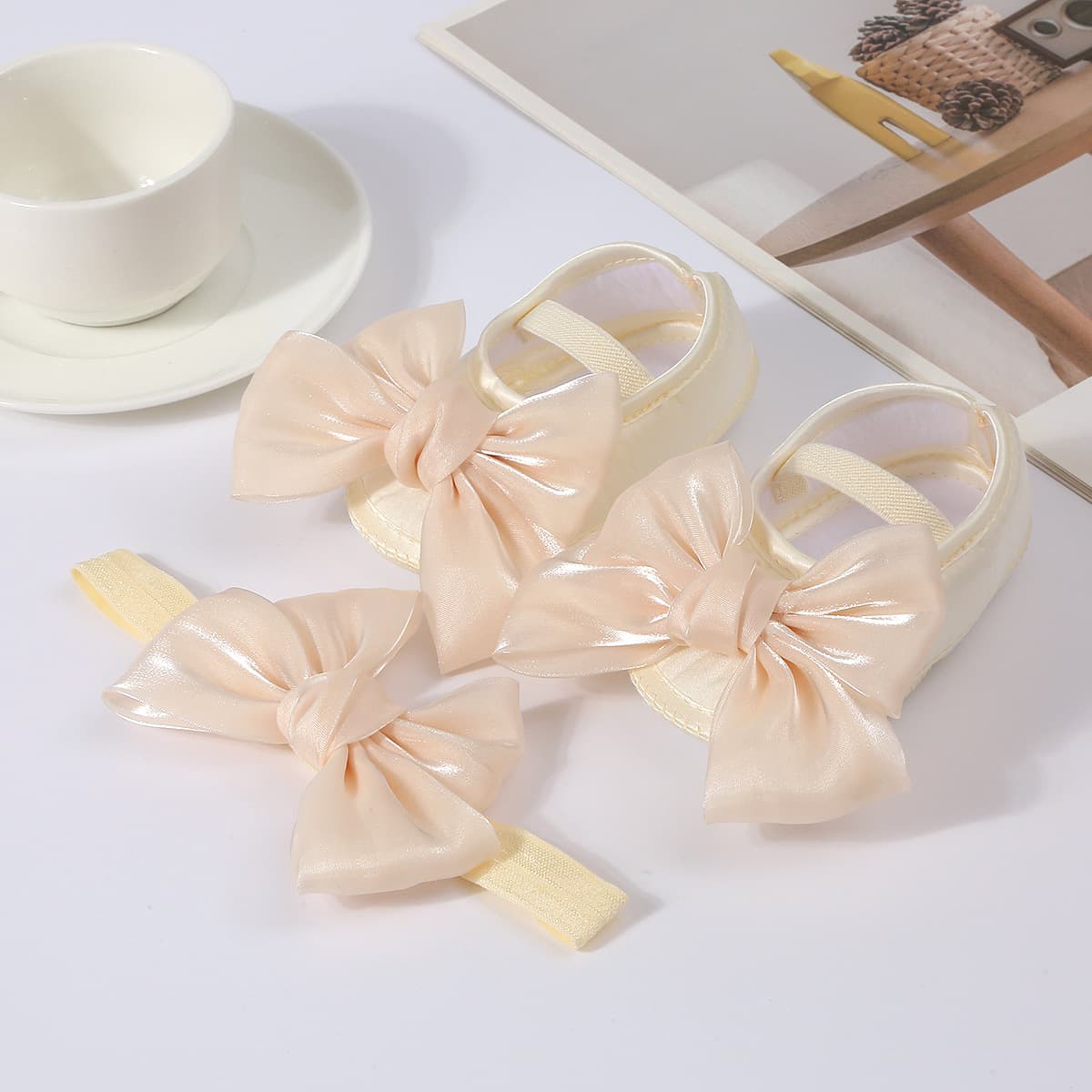 Baby shoes mesh solid color shoes + headband toddler shoes soft bottom bow dot glue anti-slip spring and autumn new style 7