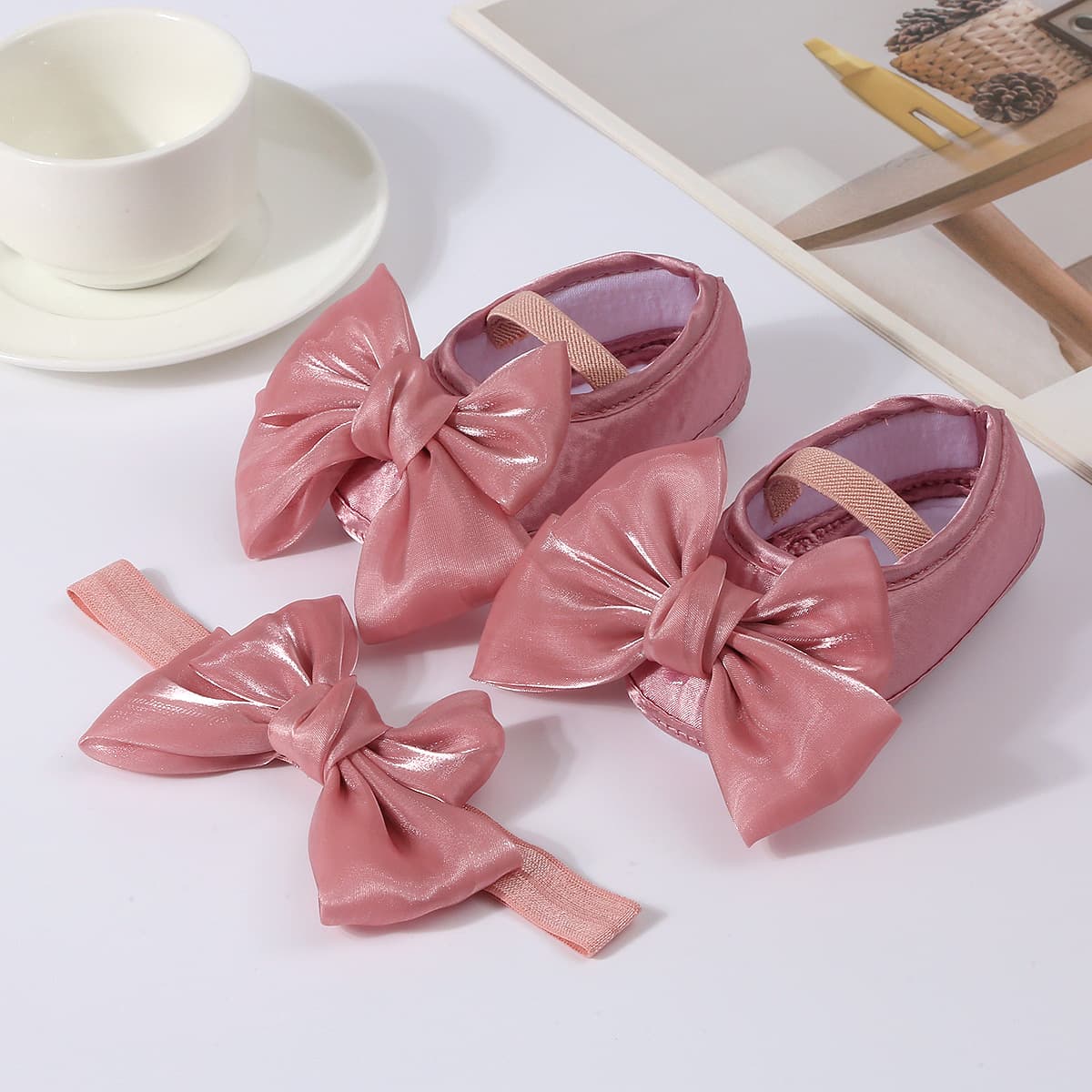 Baby shoes mesh solid color shoes + headband toddler shoes soft bottom bow dot glue anti-slip spring and autumn new style 9