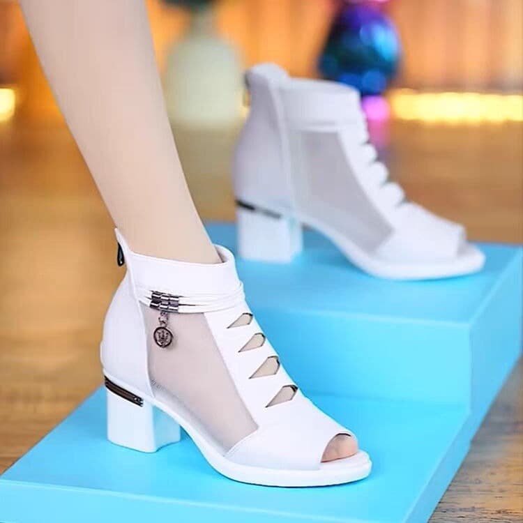 2025 new summer sandals for women, soft leather mid-heeled mesh short boots, fashionable mid-heeled sandals, thick heels with hollow fish mouths 2