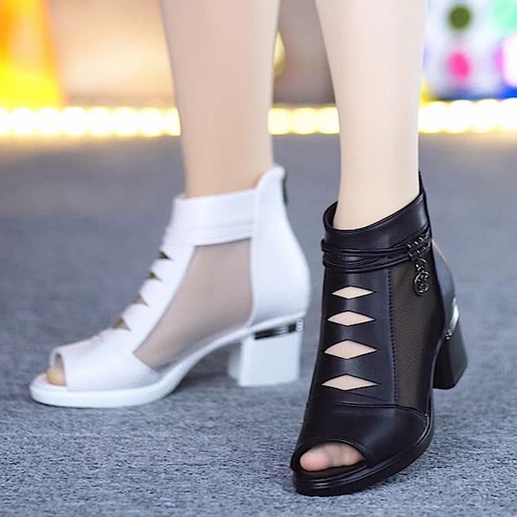 2025 new summer sandals for women, soft leather mid-heeled mesh short boots, fashionable mid-heeled sandals, thick heels with hollow fish mouths 4