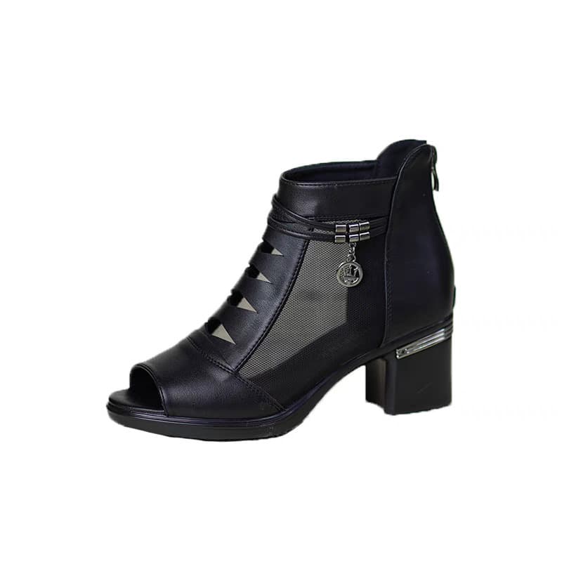 2025 new summer sandals for women, soft leather mid-heeled mesh short boots, fashionable mid-heeled sandals, thick heels with hollow fish mouths 6