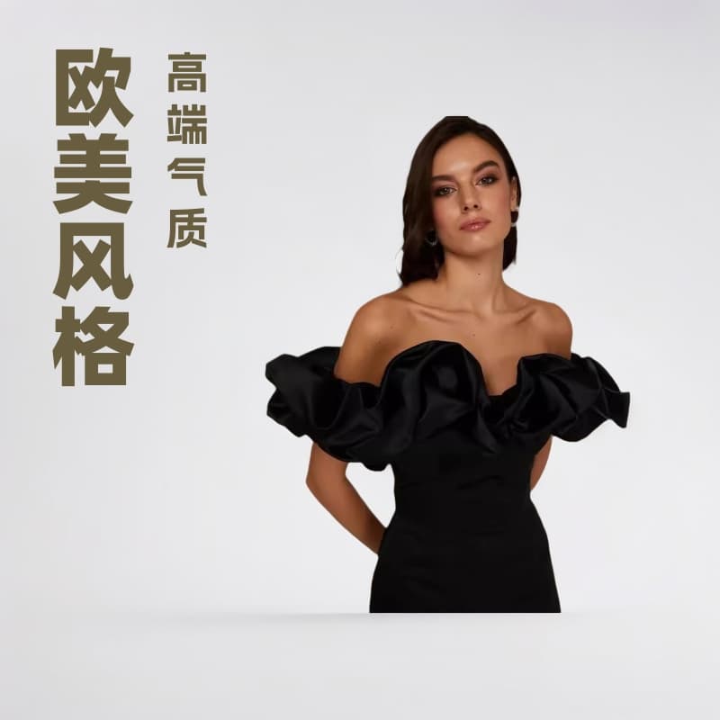 Factory direct sales European and American dress 2026 summer celebrity female ruffled sexy slanted shoulder high-end temperament dress skirt 2