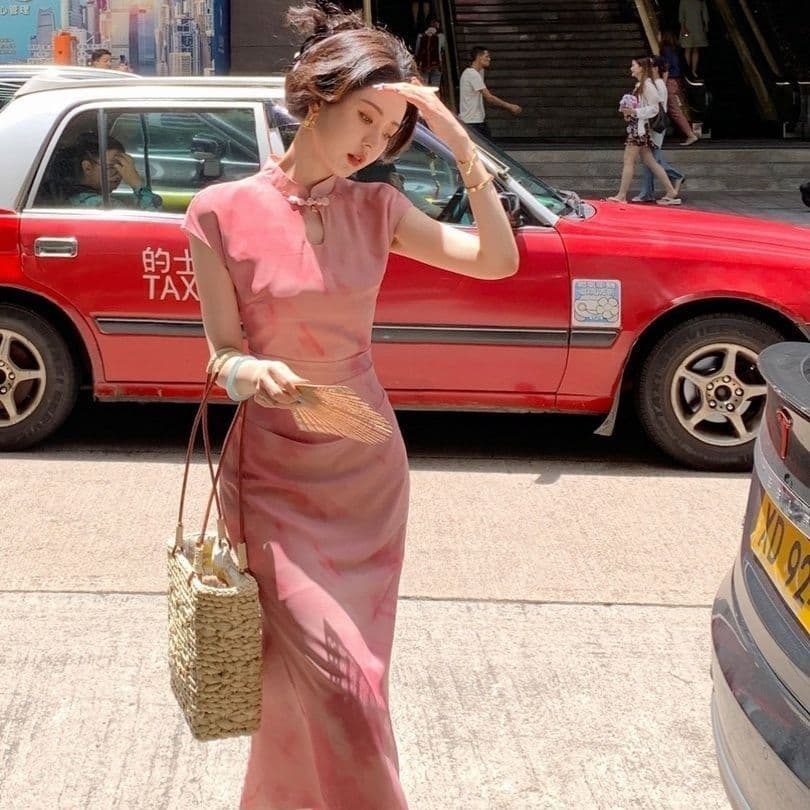 New Chinese style improved cheongsam hollow button dress retro small stand-up collar long skirt pink elastic large size 2