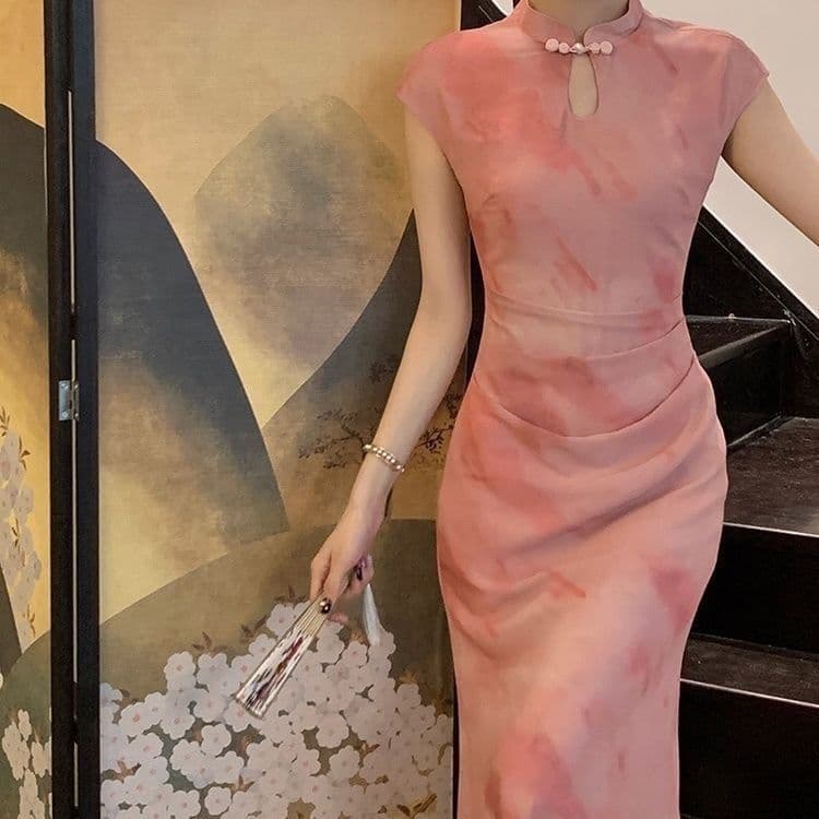 New Chinese style improved cheongsam hollow button dress retro small stand-up collar long skirt pink elastic large size 3
