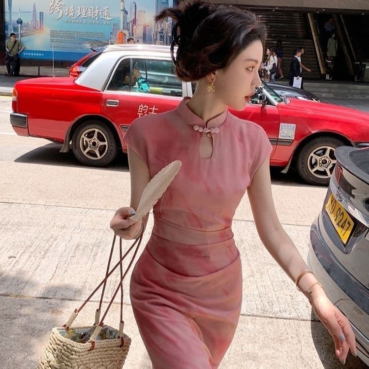New Chinese style improved cheongsam hollow button dress retro small stand-up collar long skirt pink elastic large size 4