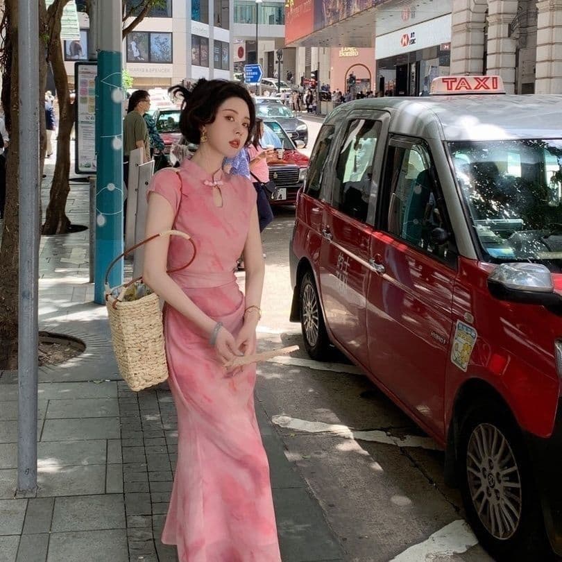 New Chinese style improved cheongsam hollow button dress retro small stand-up collar long skirt pink elastic large size 5
