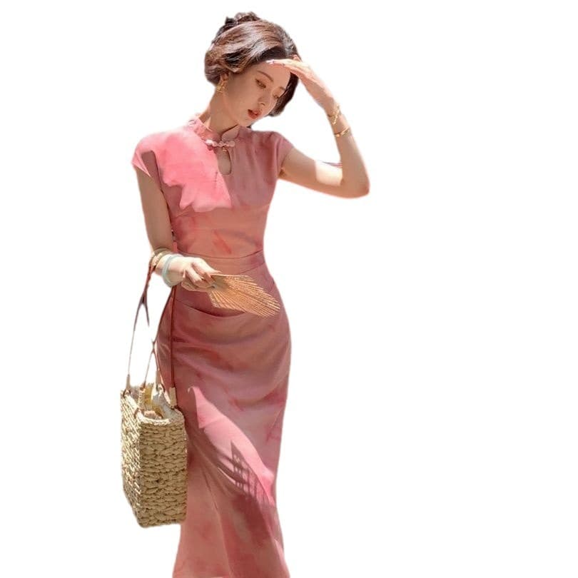 New Chinese style improved cheongsam hollow button dress retro small stand-up collar long skirt pink elastic large size 6