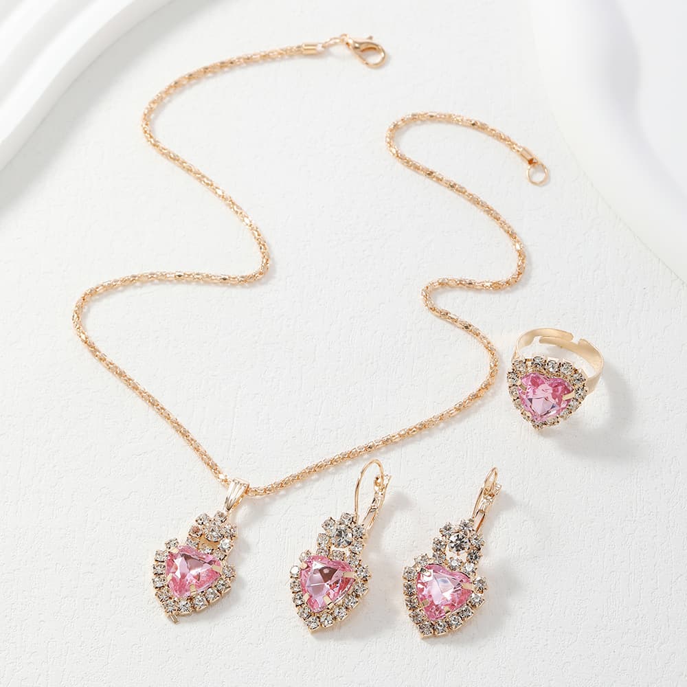 Manufacturer supply European and American cross-border popular water drop heart-shaped jewelry three-piece set necklace earrings ring diamond pendant 3