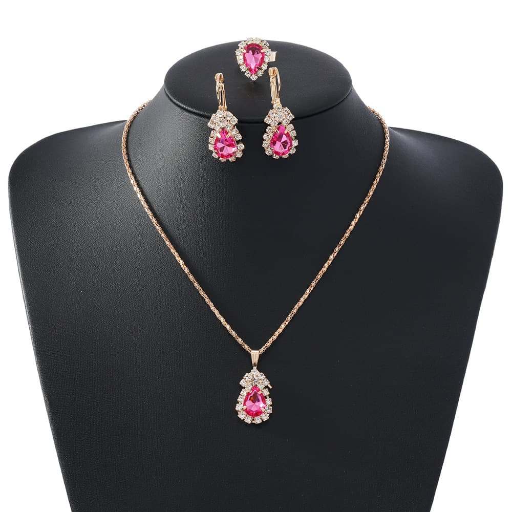 Manufacturer supply European and American cross-border popular water drop heart-shaped jewelry three-piece set necklace earrings ring diamond pendant 5