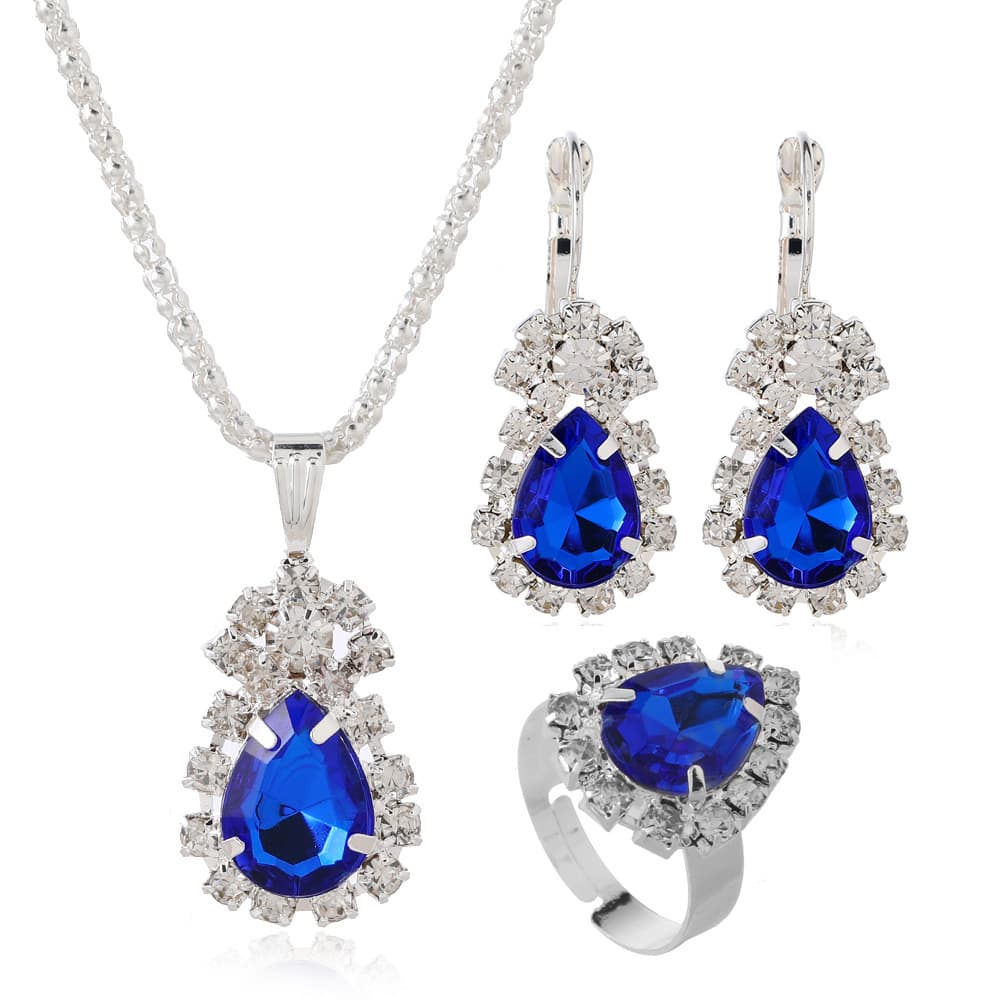Manufacturer supply European and American cross-border popular water drop heart-shaped jewelry three-piece set necklace earrings ring diamond pendant 6