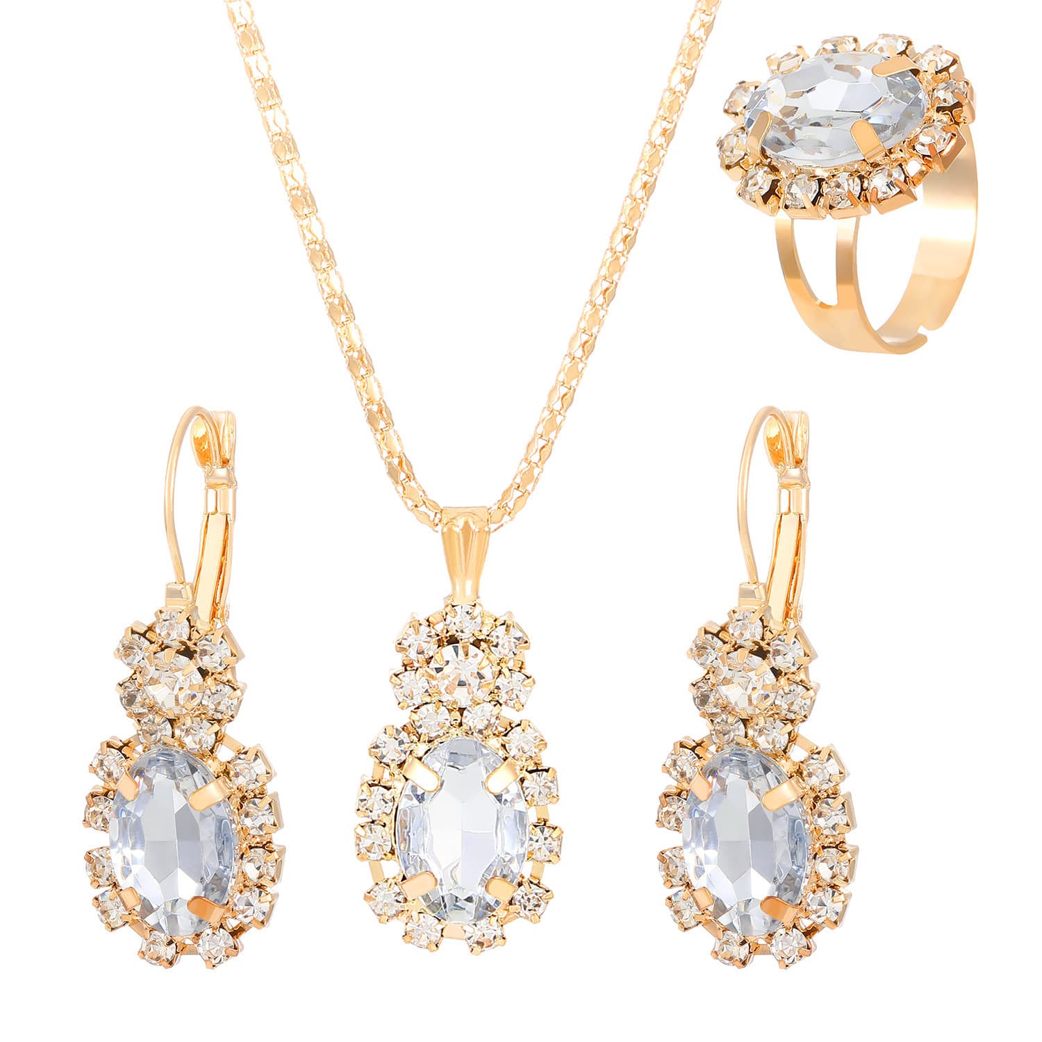 Manufacturer supply European and American cross-border popular water drop heart-shaped jewelry three-piece set necklace earrings ring diamond pendant 7