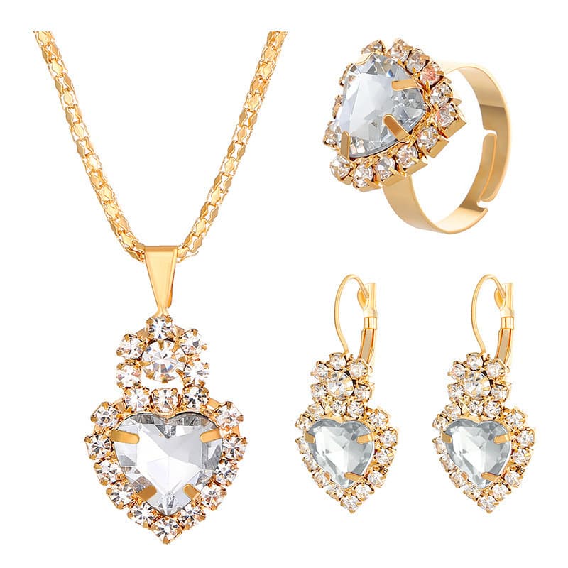 Manufacturer supply European and American cross-border popular water drop heart-shaped jewelry three-piece set necklace earrings ring diamond pendant 10