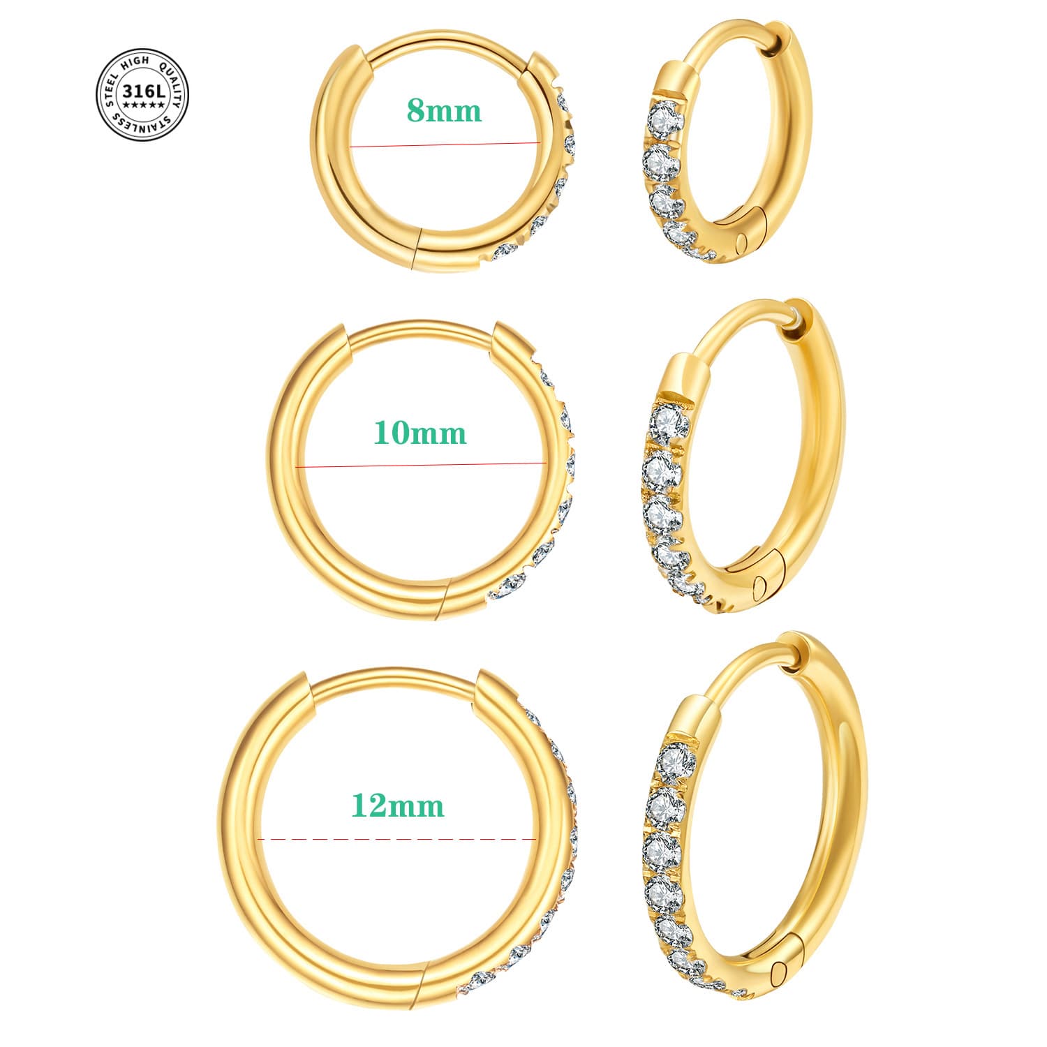 Stainless steel earrings, zircon earrings, hoop-shaped gold versatile round coils, micro-embellished earrings, earrings with stones, cross-border hot sale 1