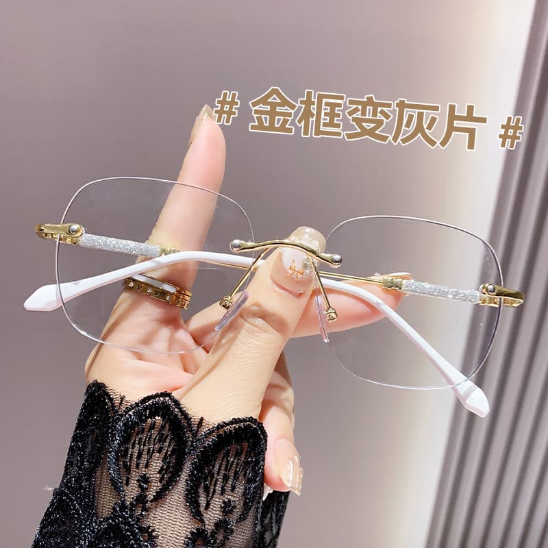 Advanced photochromic starry cross-border fashionable anti-blue light mirrors for women with rimless edge-cut high-definition myopia glasses frames 8