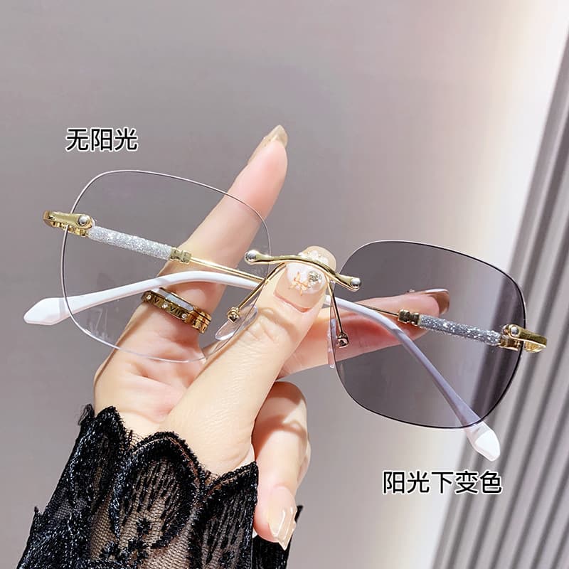 Advanced photochromic starry cross-border fashionable anti-blue light mirrors for women with rimless edge-cut high-definition myopia glasses frames 1