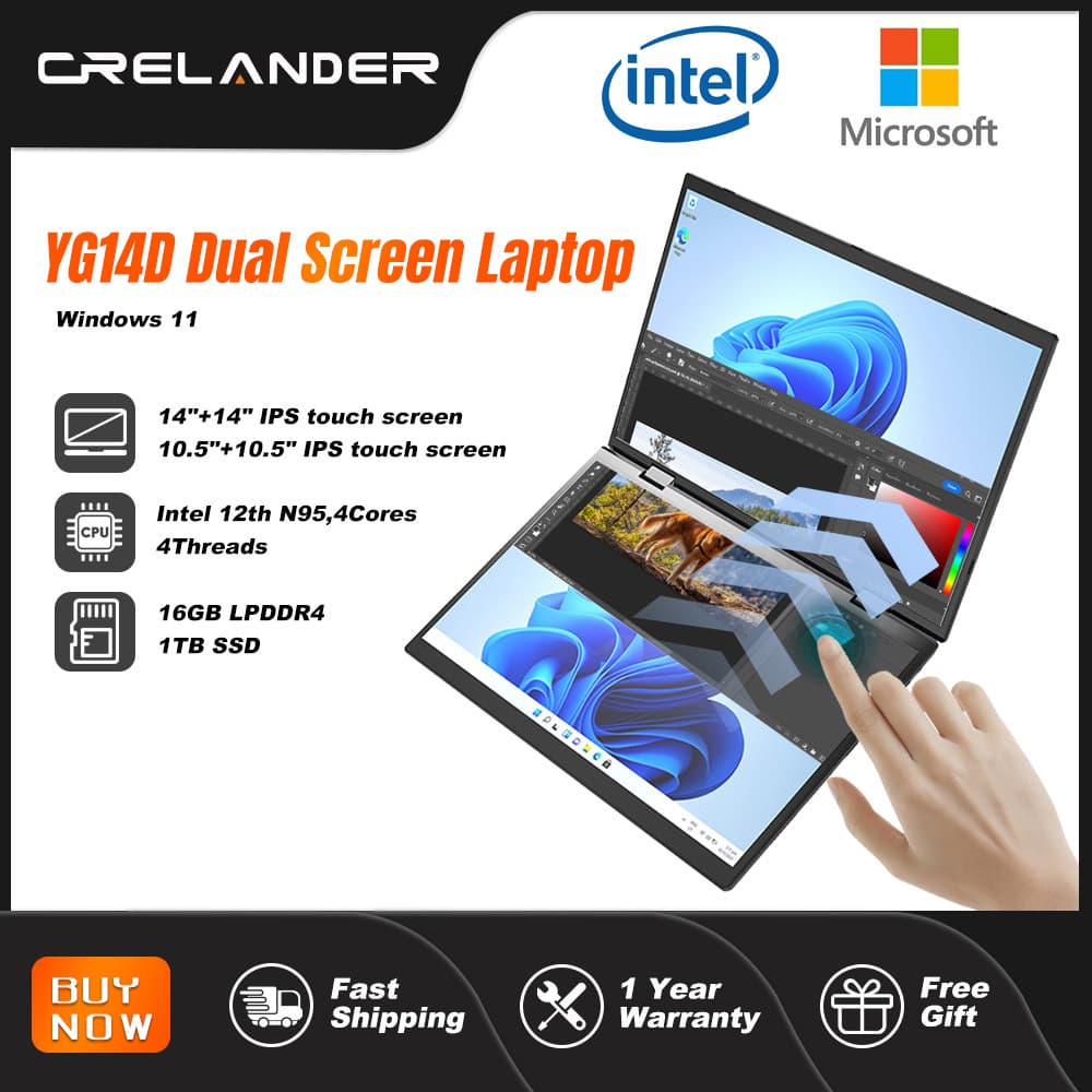 CRELANDER YG14D Dual Screen Laptop 14+14 Inch N100 360 Degree Rotation 3