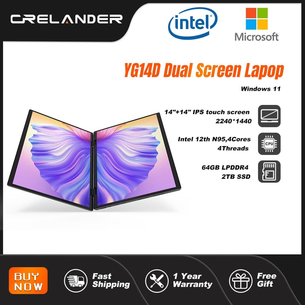 CRELANDER YG14D Dual Screen Laptop 14+14 Inch N100 360 Degree Rotation 4