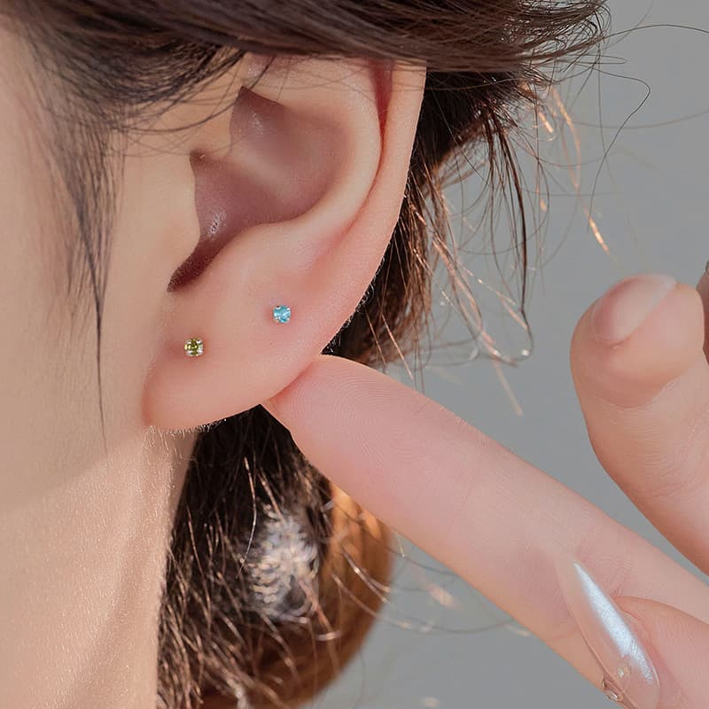 Under the Banyan Tree S999 sterling silver mini twelve birthstone color diamond ear bone earrings for women simple ear piercing earrings ins 3