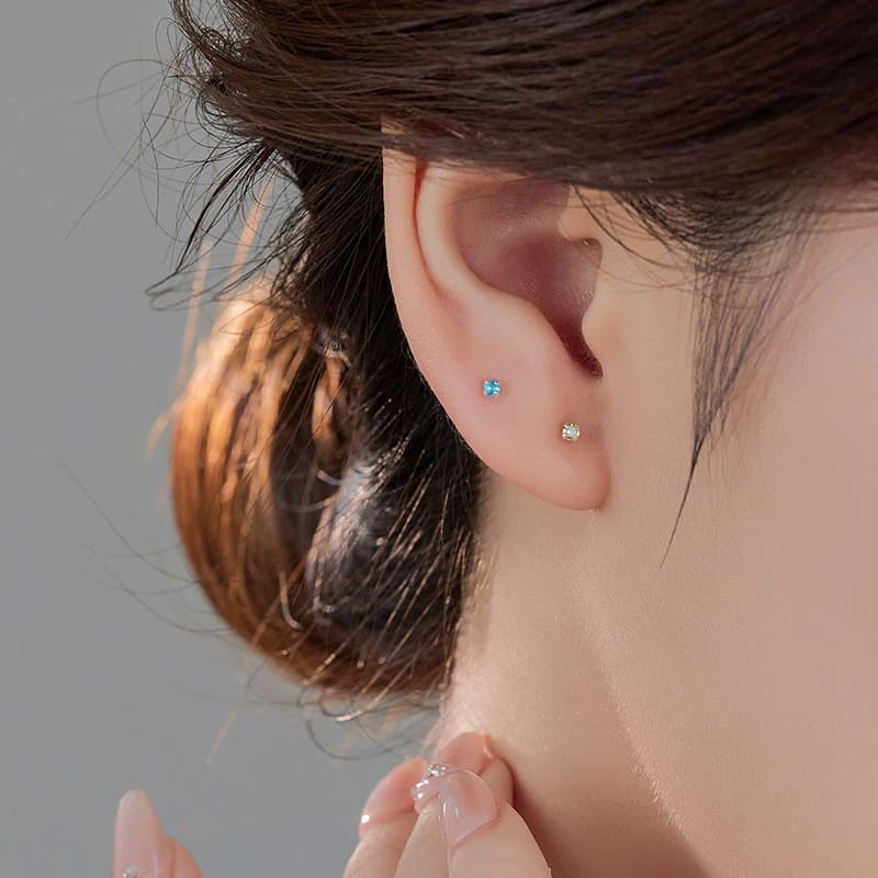 Under the Banyan Tree S999 sterling silver mini twelve birthstone color diamond ear bone earrings for women simple ear piercing earrings ins 5