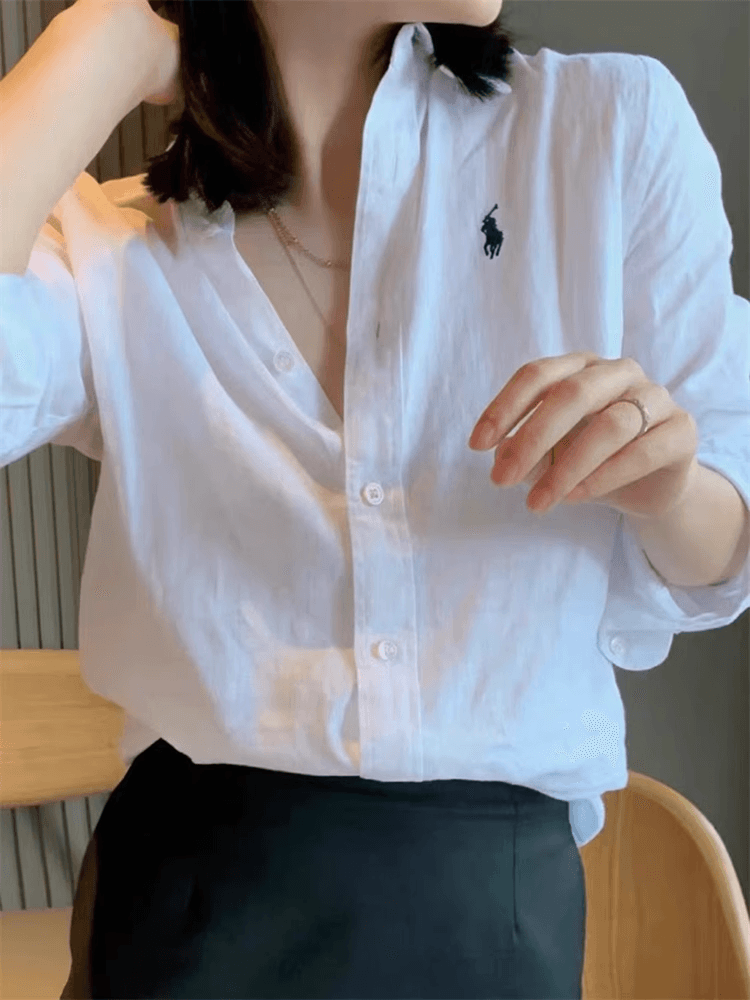 European Station Raf Pony Label Linen Cotton White Shirt Women's Long Sleeve Loose Shirt Professional Wear Commuting Top Trendy Match 10