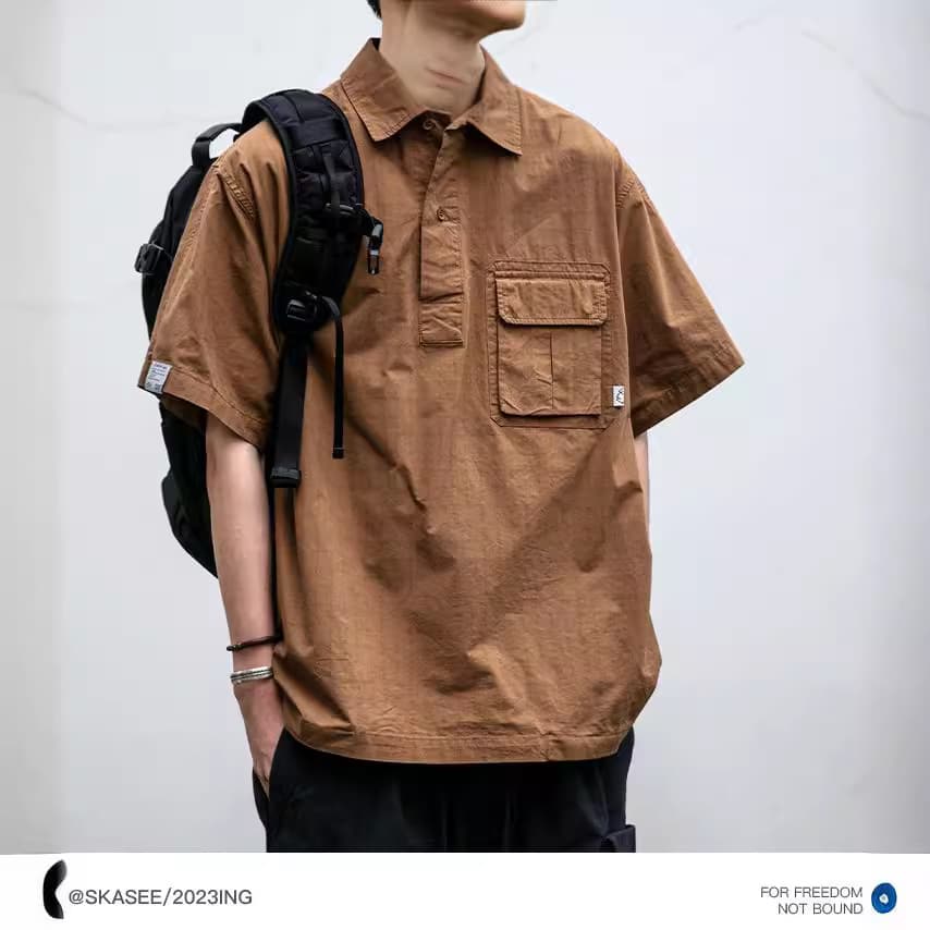 Japanese workwear casual short-sleeved shirt men's trendy summer thin POLO shirt loose half-sleeved shirt jacket for men 2
