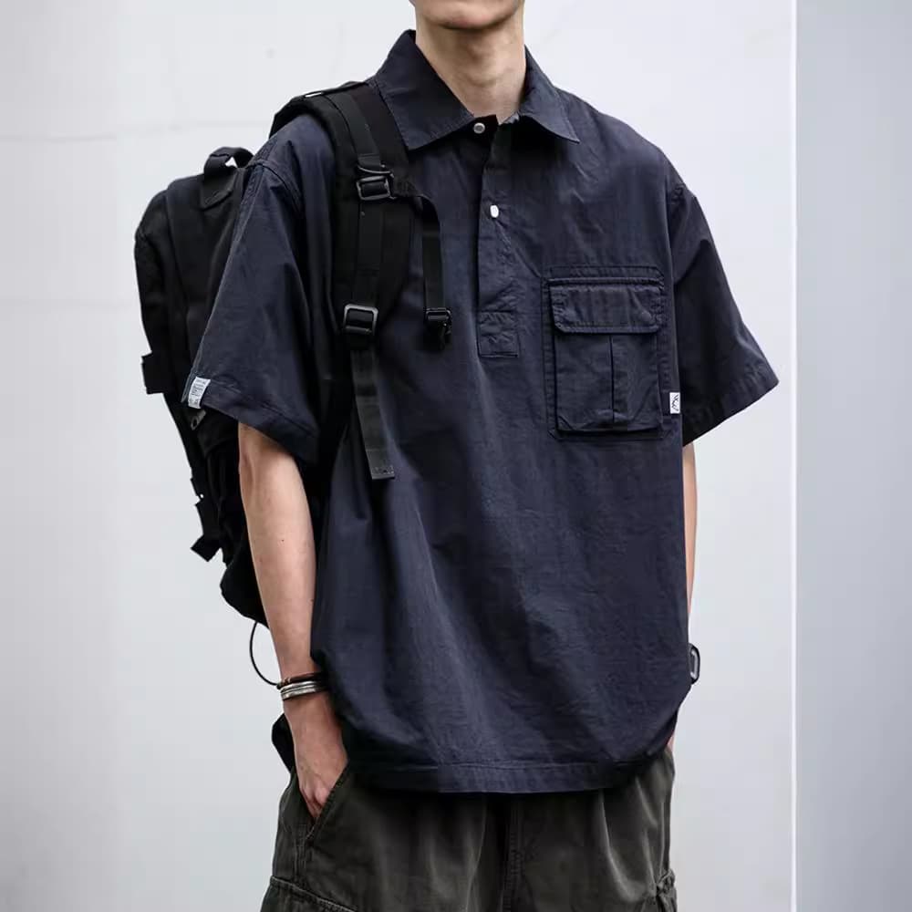 Japanese workwear casual short-sleeved shirt men's trendy summer thin POLO shirt loose half-sleeved shirt jacket for men 3