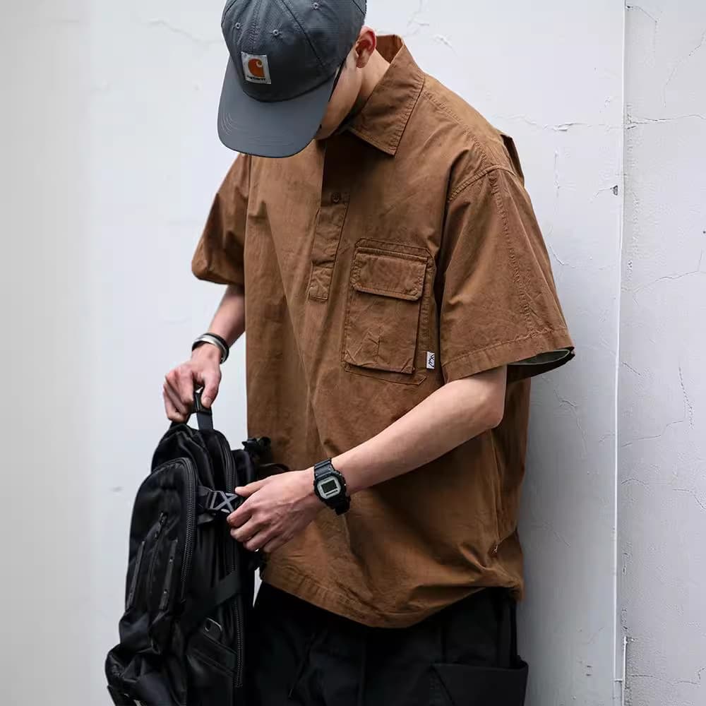 Japanese workwear casual short-sleeved shirt men's trendy summer thin POLO shirt loose half-sleeved shirt jacket for men 4