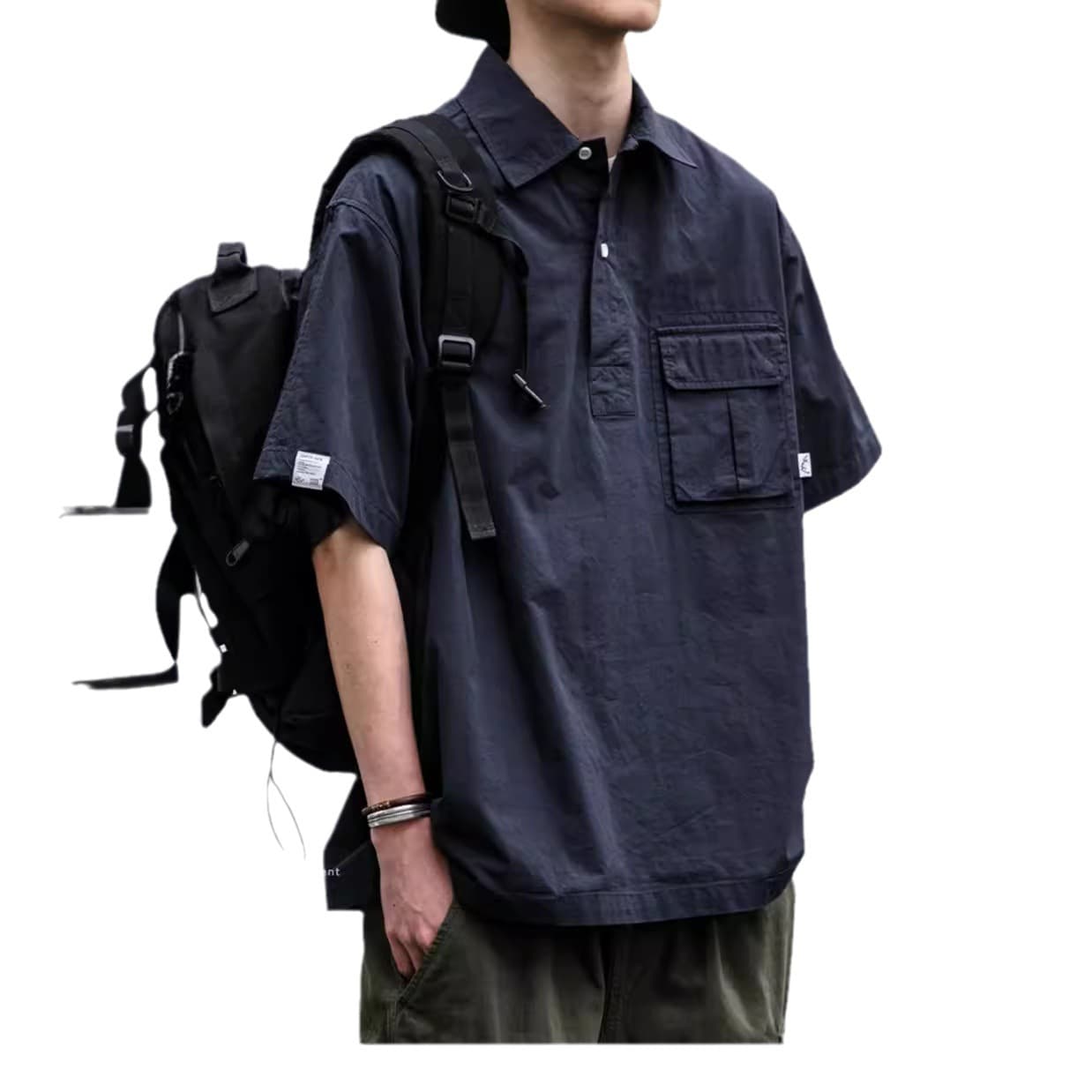 Japanese workwear casual short-sleeved shirt men's trendy summer thin POLO shirt loose half-sleeved shirt jacket for men 6
