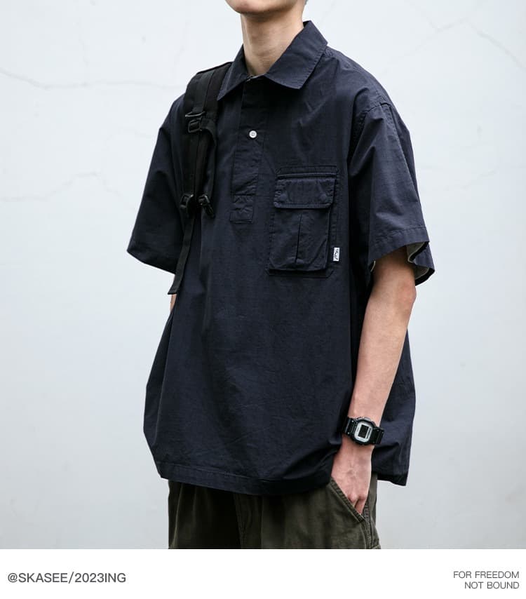 Japanese workwear casual short-sleeved shirt men's trendy summer thin POLO shirt loose half-sleeved shirt jacket for men 7