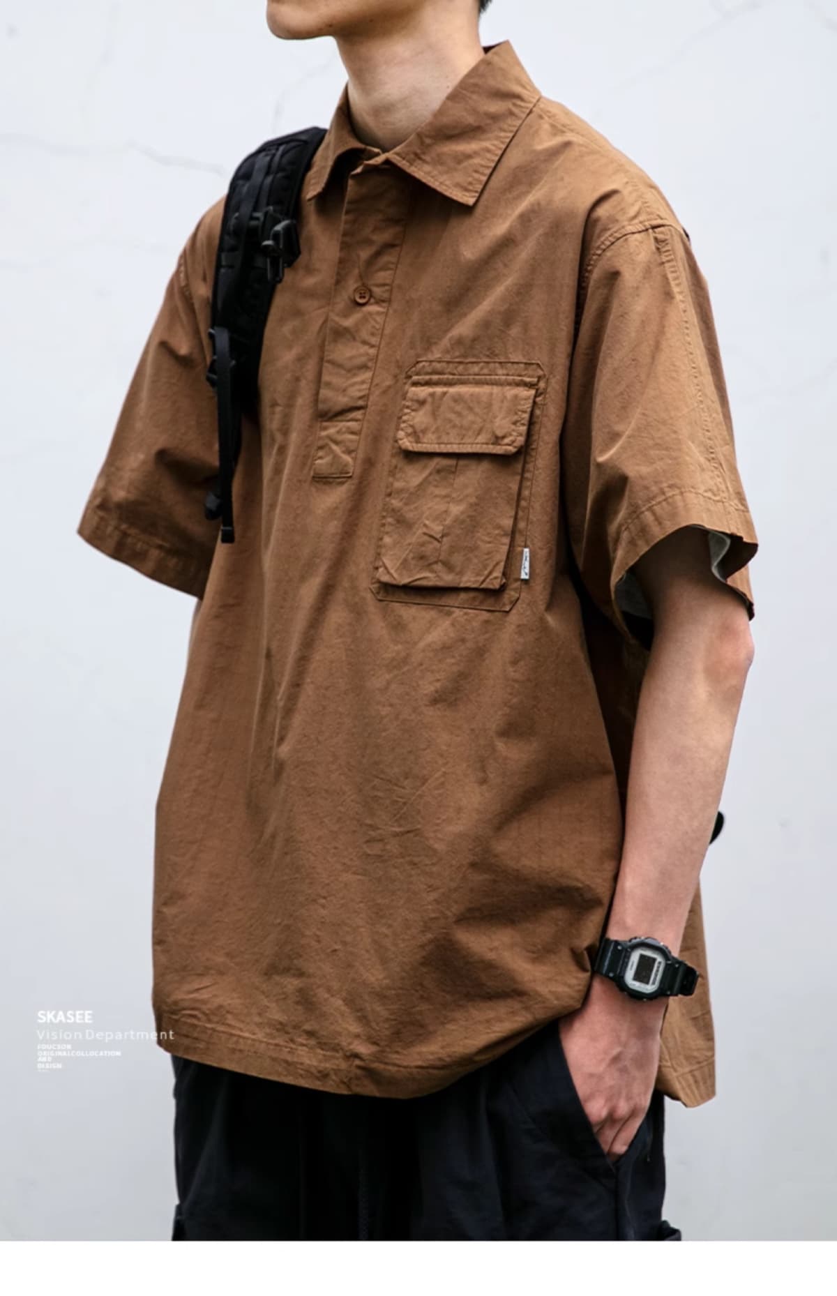 Japanese workwear casual short-sleeved shirt men's trendy summer thin POLO shirt loose half-sleeved shirt jacket for men 8