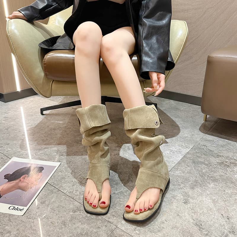 Flip-toe sandals for women summer 2025 new style lazy style Roman sandals increased retro western cowboy pile sandals 3