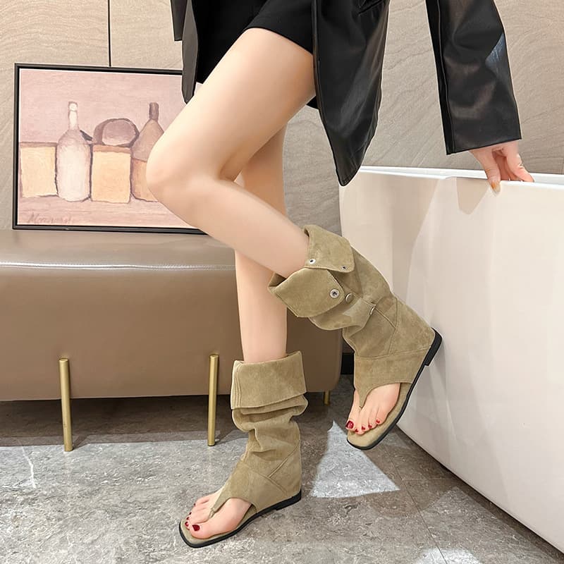 Flip-toe sandals for women summer 2025 new style lazy style Roman sandals increased retro western cowboy pile sandals 5