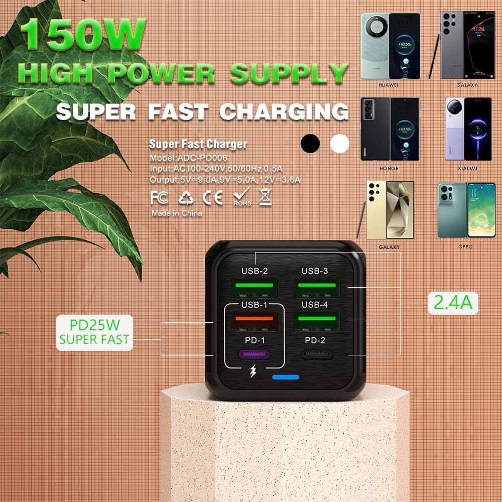 Cross-border new product 150W charging head 4USB+2PD multi-port fast charging mobile phone charger 5V2.4A European, American and British regulations 5